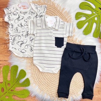 Conj. de Malha 3 peças - Dinos - Off White e Preto
